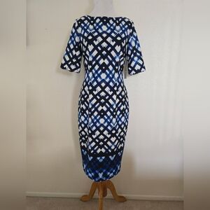 Eliza J Blue and Black Diamon Plaid Sheath Stretch Classic Career